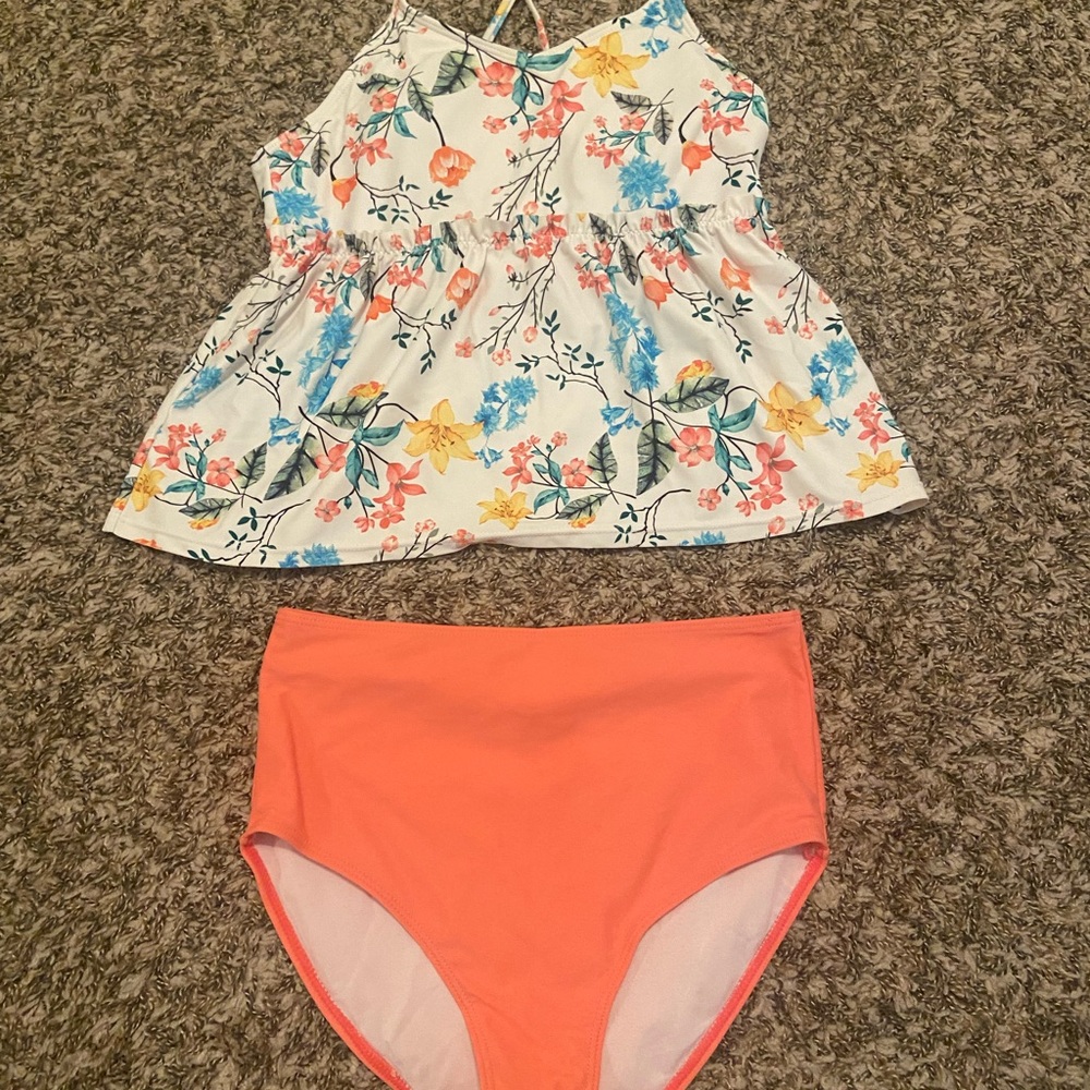 Floral Tankini Top and Coral Bottoms